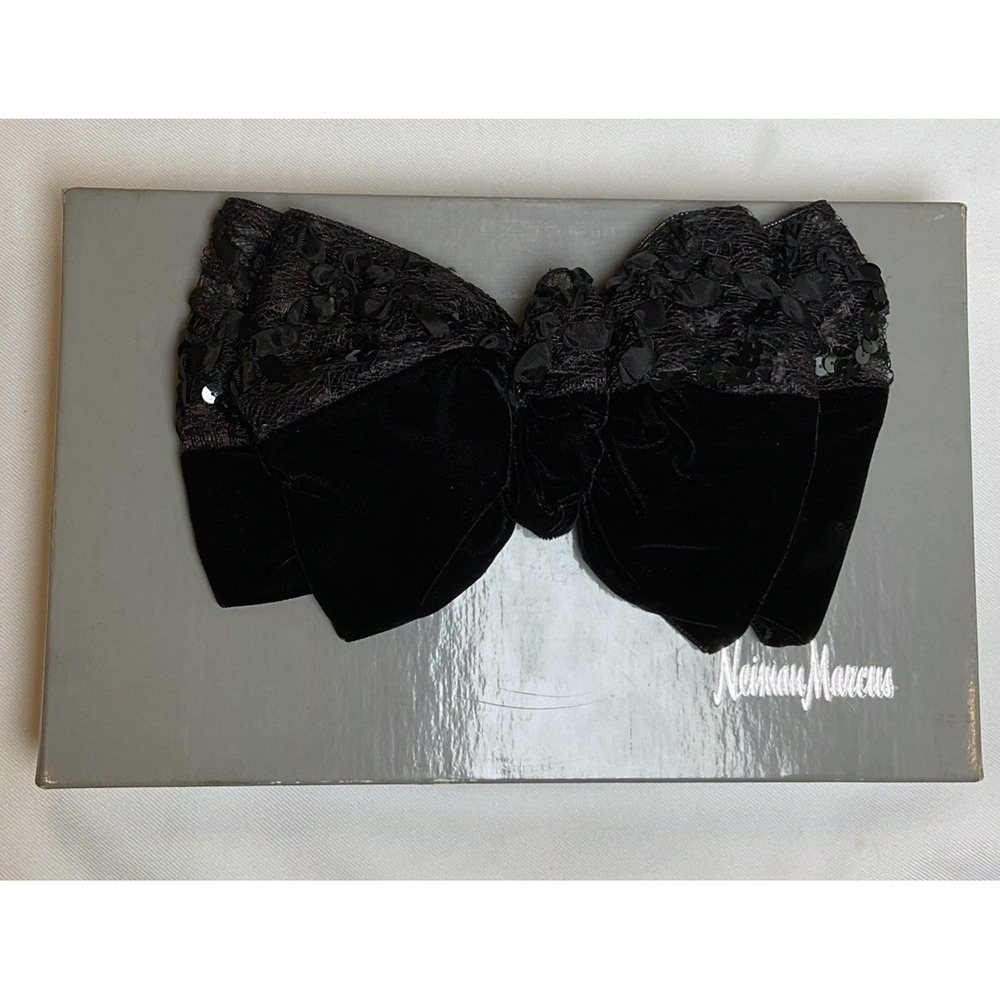 Extra Large Black Velvet Sequin Hair Bow Barette Uriah USA Neiman Marcus Vtg 80s